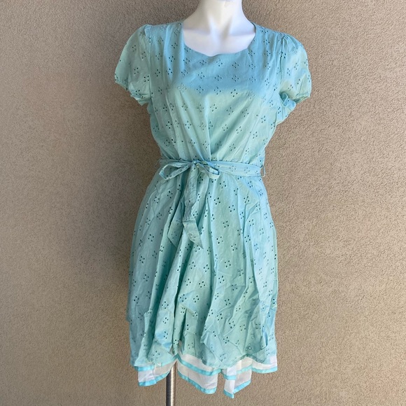 Mint Eyelet Crochet Fully Lined Belted Mini Dress - Picture 6 of 11